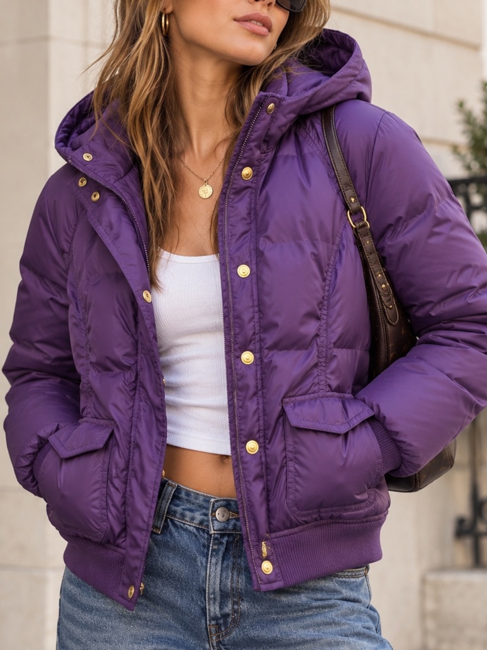 Juicy Couture Down Hooded Bomber Jacket Size Large Purple Puffer Coat Y2K Winter
